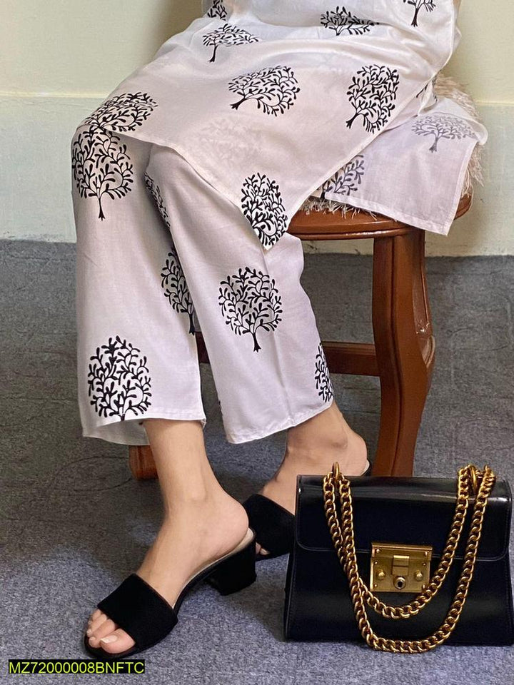 2 Pcs Women's Stitched Linen Printed Suit