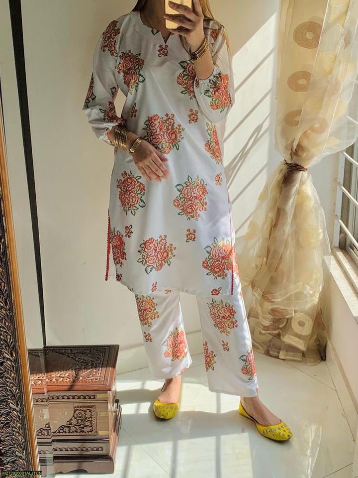 2 Pcs Women's Stitched Linen Printed Shirt and trouser